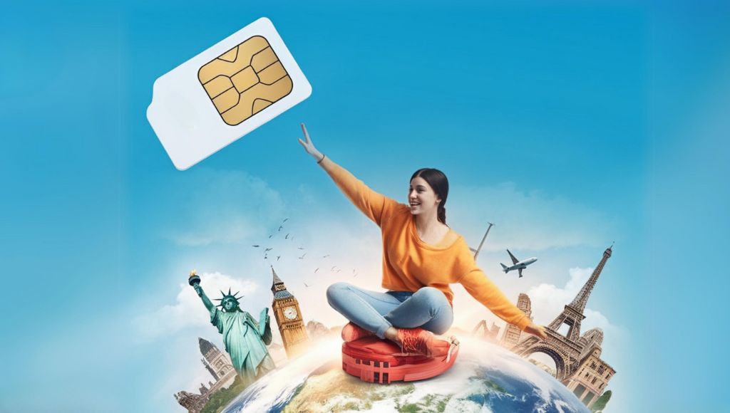 illustration of an airalo simcard next to a woman wearing an orange sweater sitting on top of a globe with landmarks