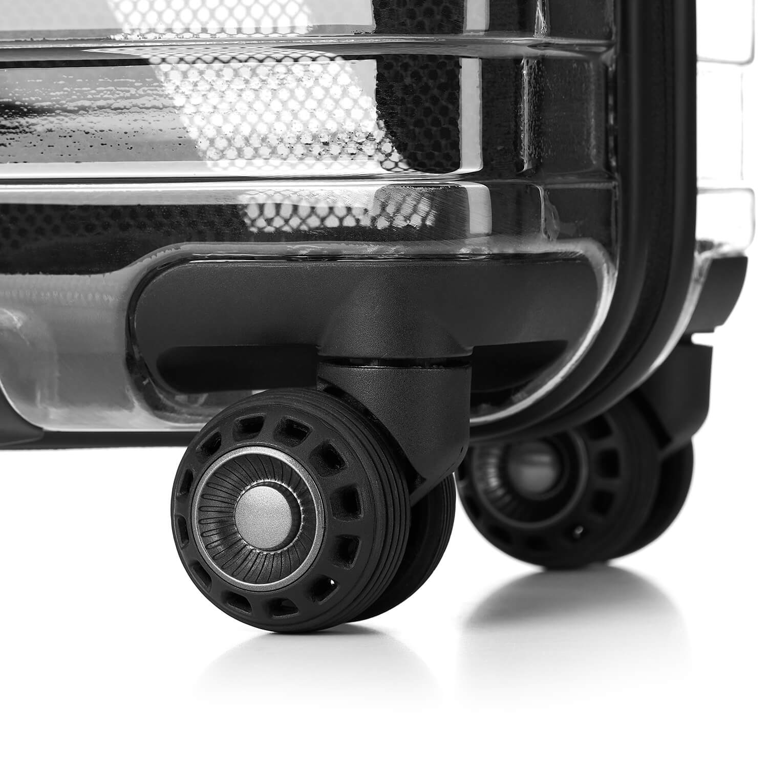 An image showing a transparent luggage and a wheel .