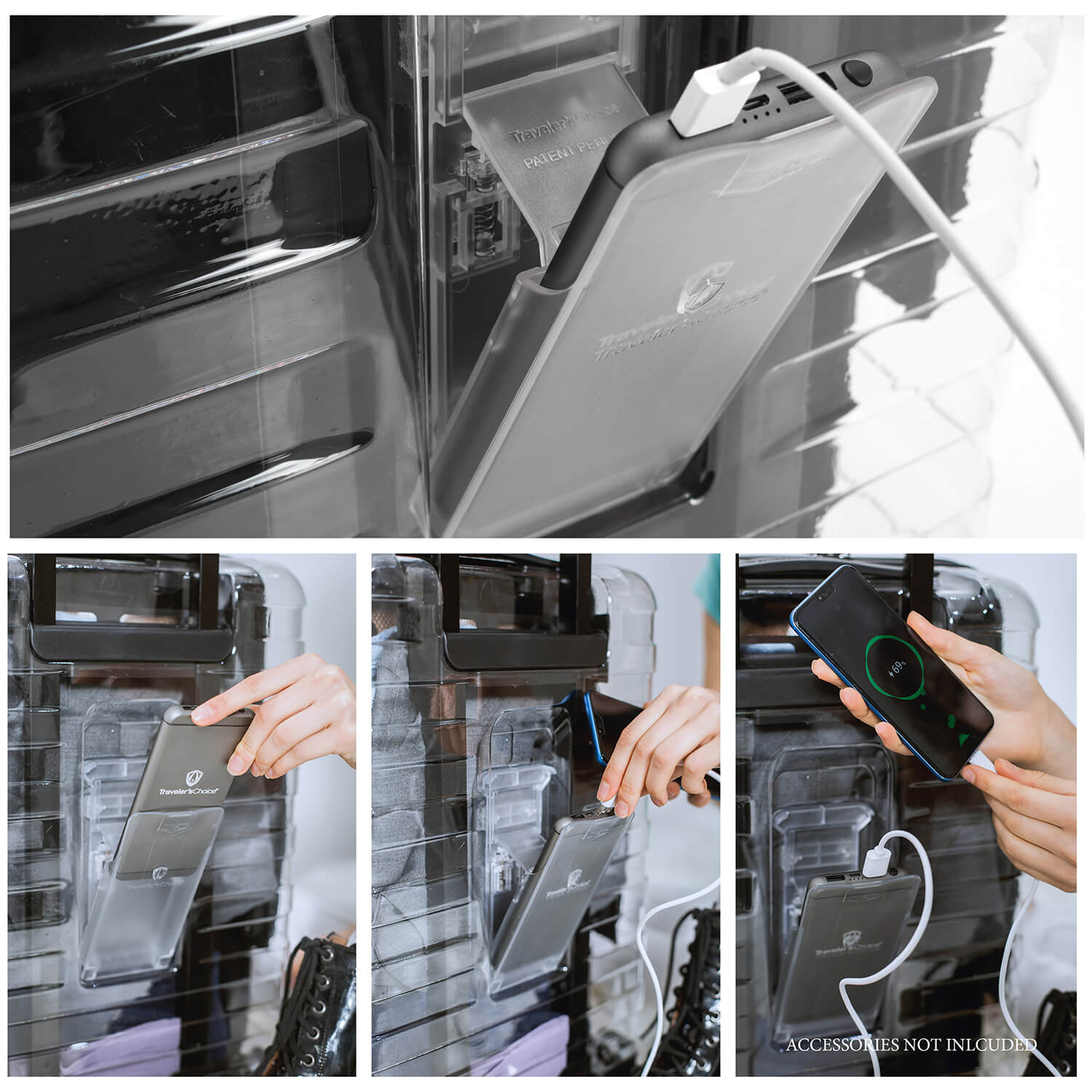 Image of a luggage that shows the portable charger sliding into a luggage.