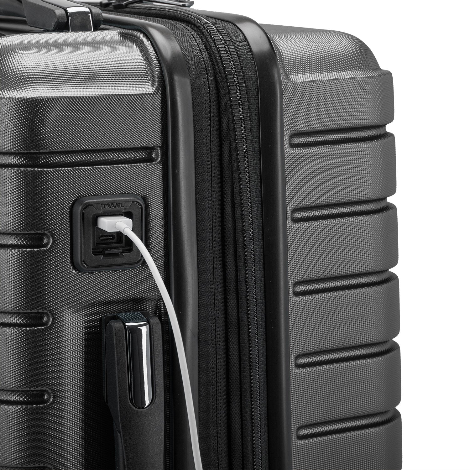 USB port connected to your portable charger inside your luggage to charge your personal devices.