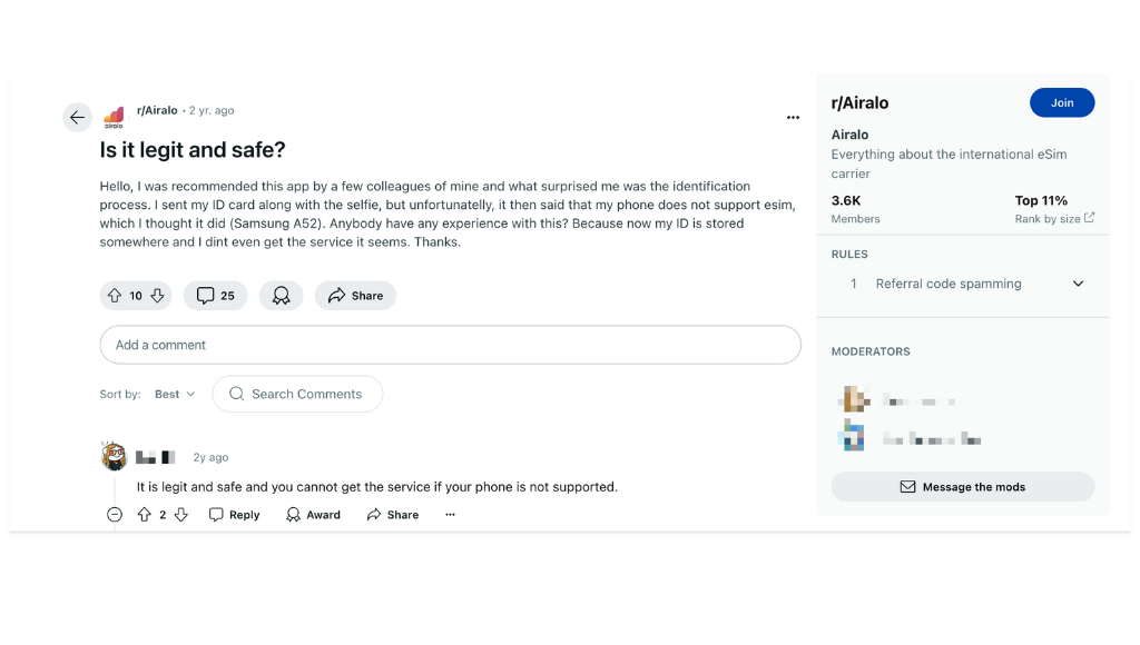the airalo subreddit showing someone asking if it is legit