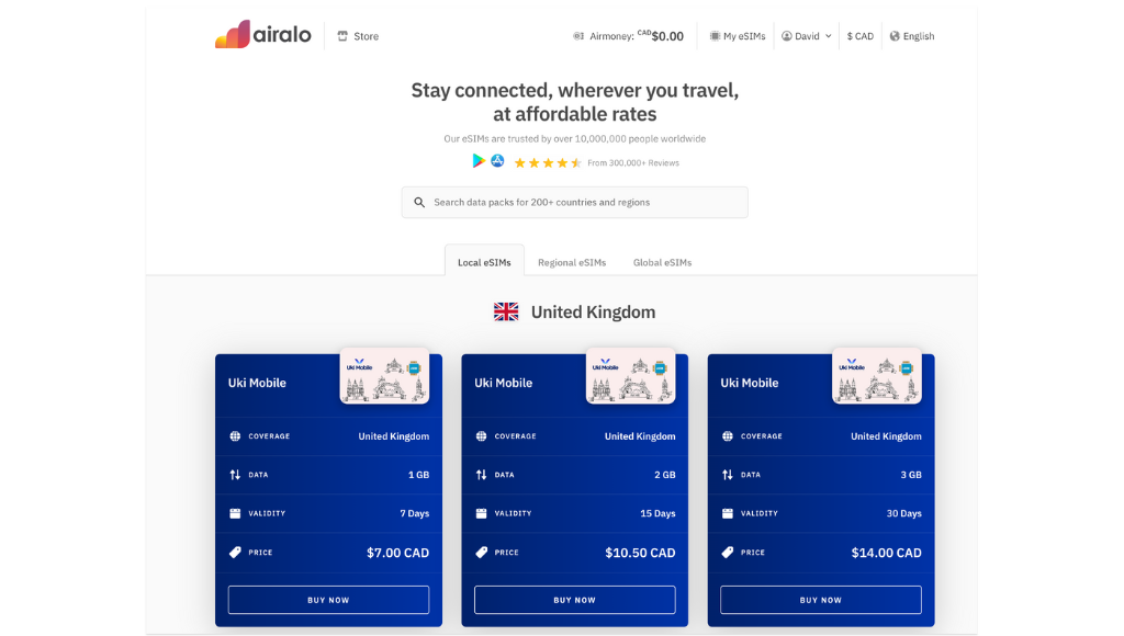 airalo top up your plan page where it shows several data plans