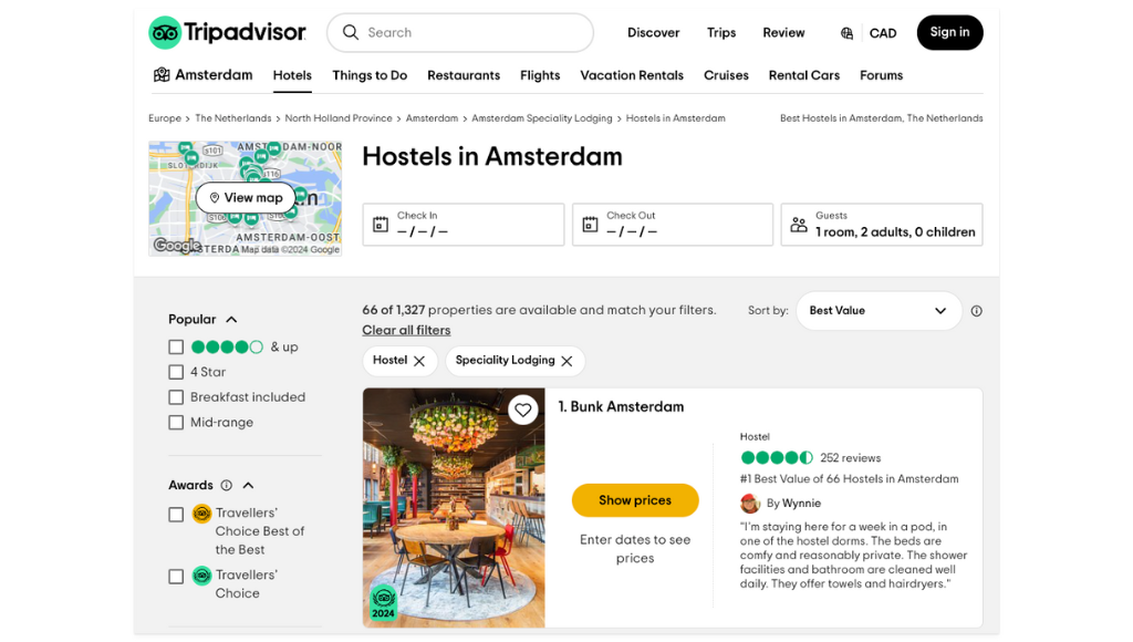 tripadvisor website showing amsterdam